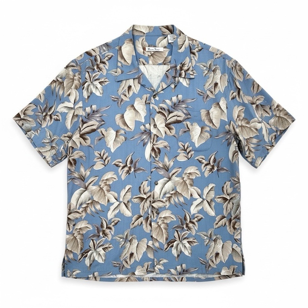 Burma Bibas Men's XXL Silk Blue Floral Hawaiian Tropical Button-Up Shirt